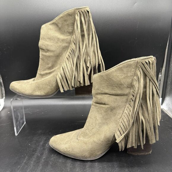Just Fab Mercenne Fringe Ankle Bootie Womens Size 9 Sage Pointed Toe Suede - Picture 2 of 9